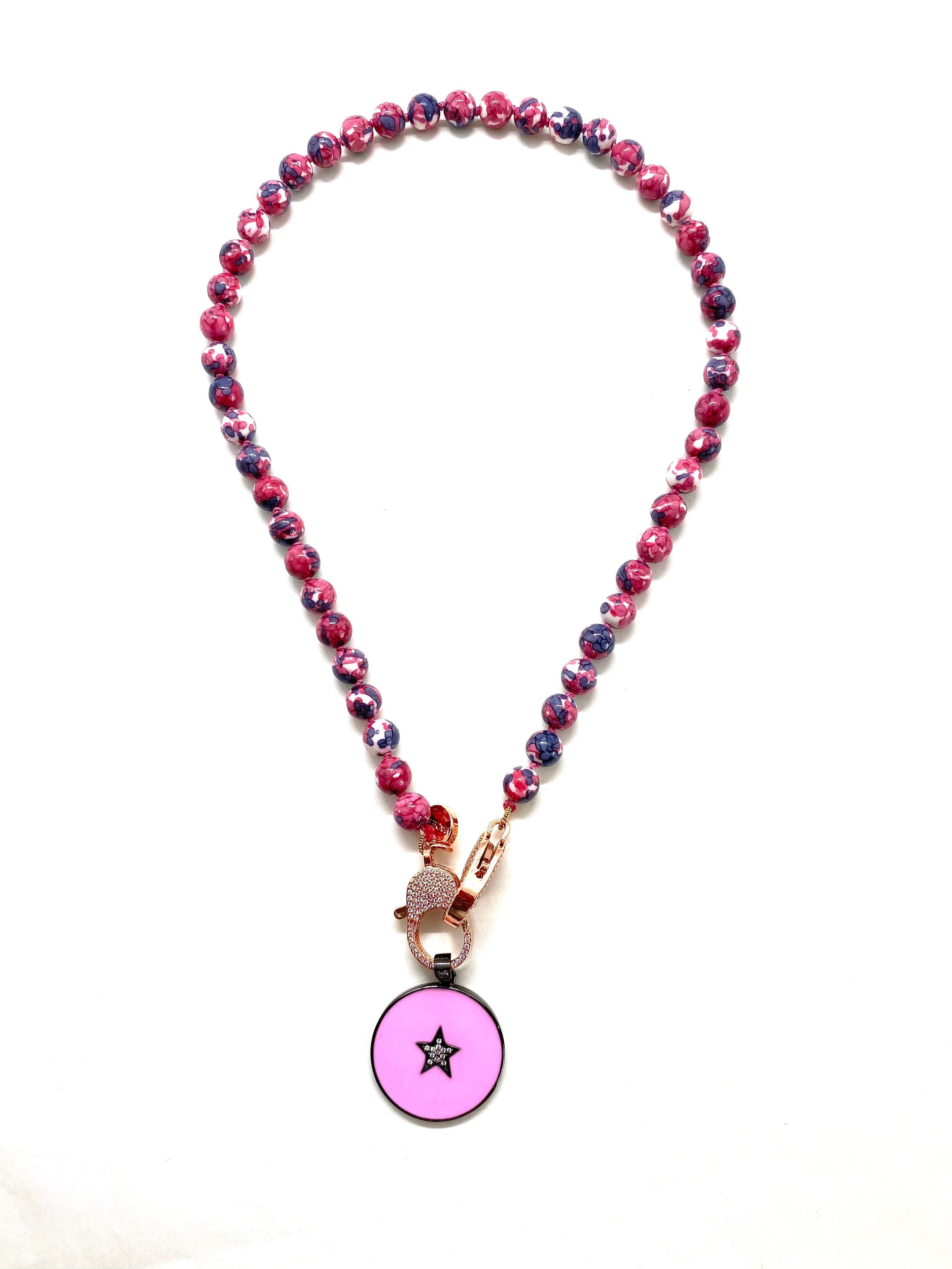 Rose rainbow Gaia necklace, pink circle star pendant, rose gold clips