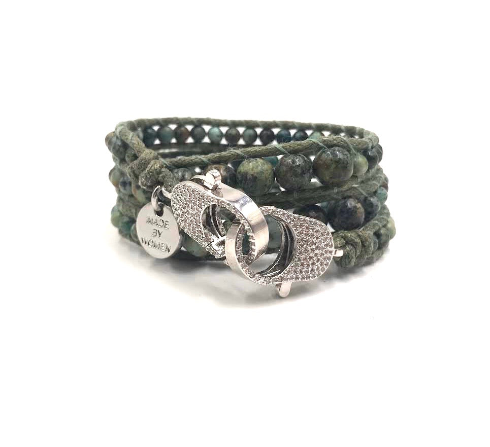 African green turquoise wrap bracelet, silver clips