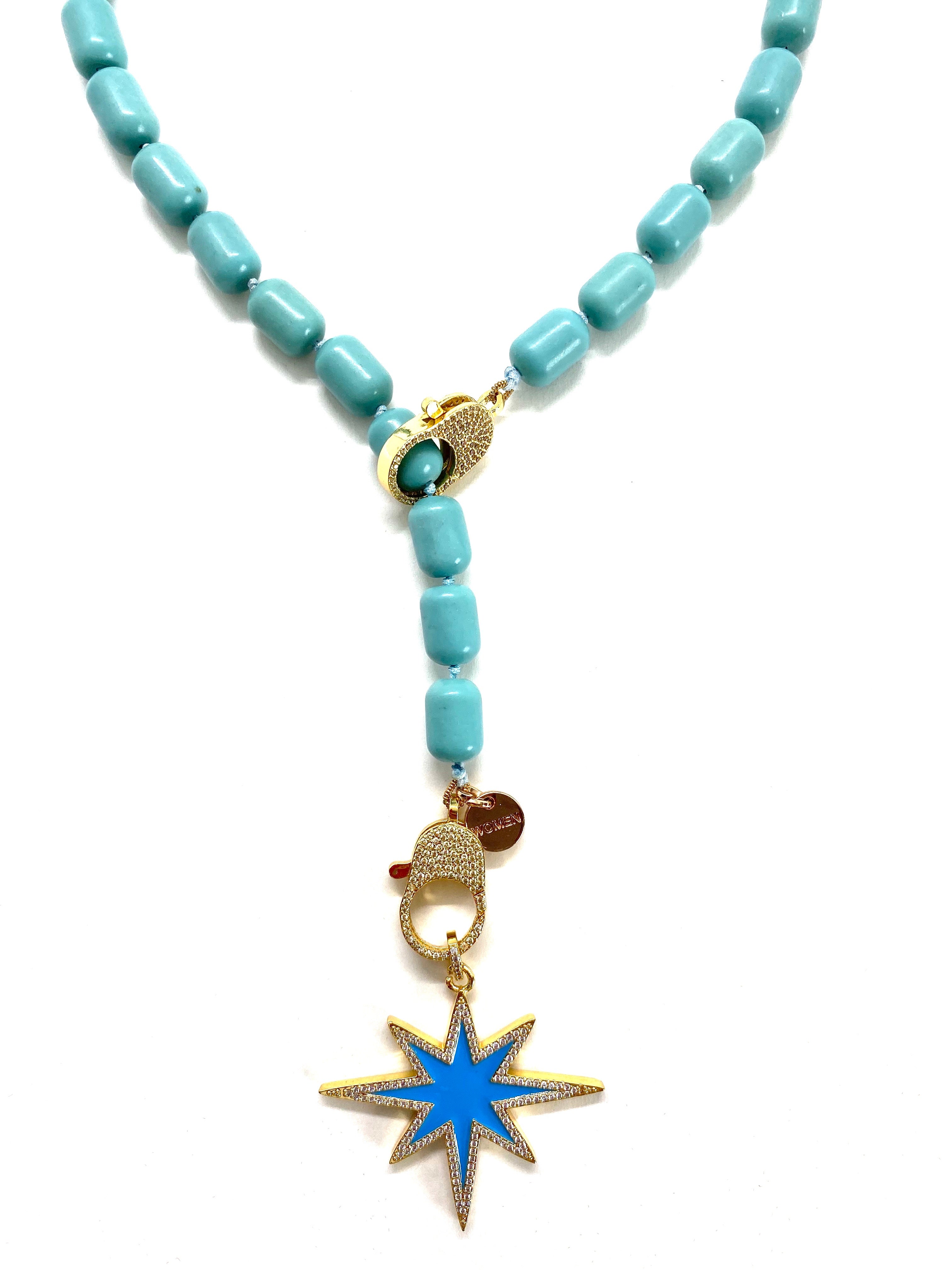 Turquoise Gaia necklace, blue star pendant, gold zirconia clips