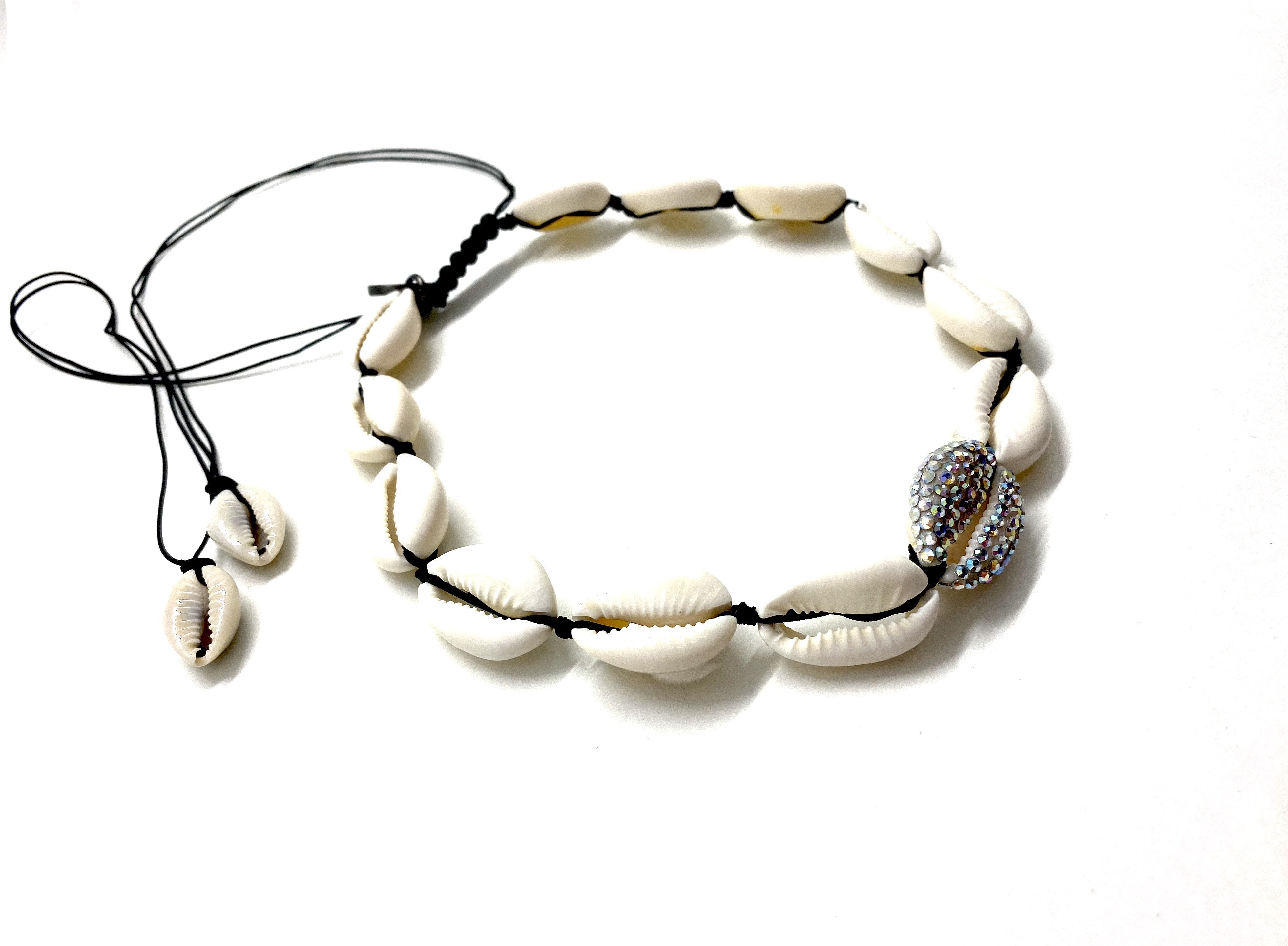 Natural shell necklace with central shell studded with Swarovski crystals