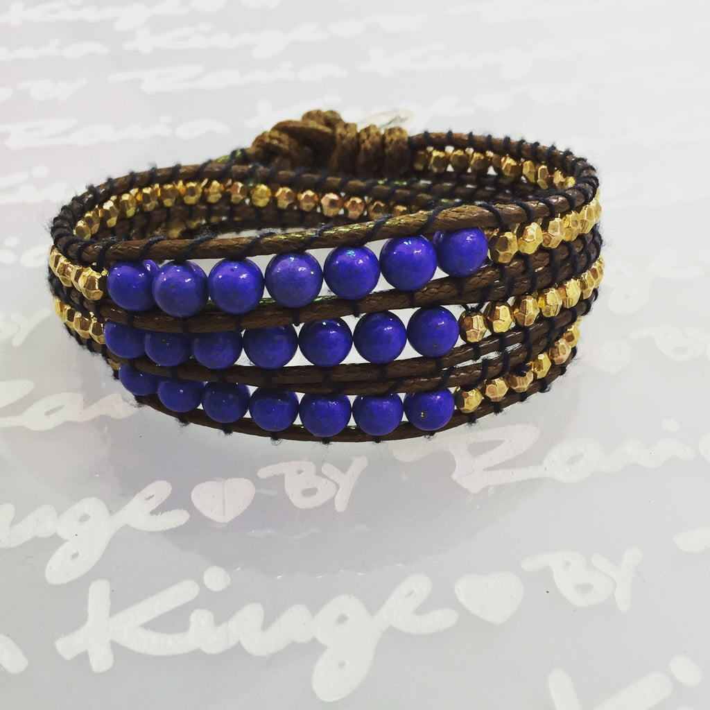 I Love Syria rap around bracelet, semiprecious bleu stone, gold bead beads.