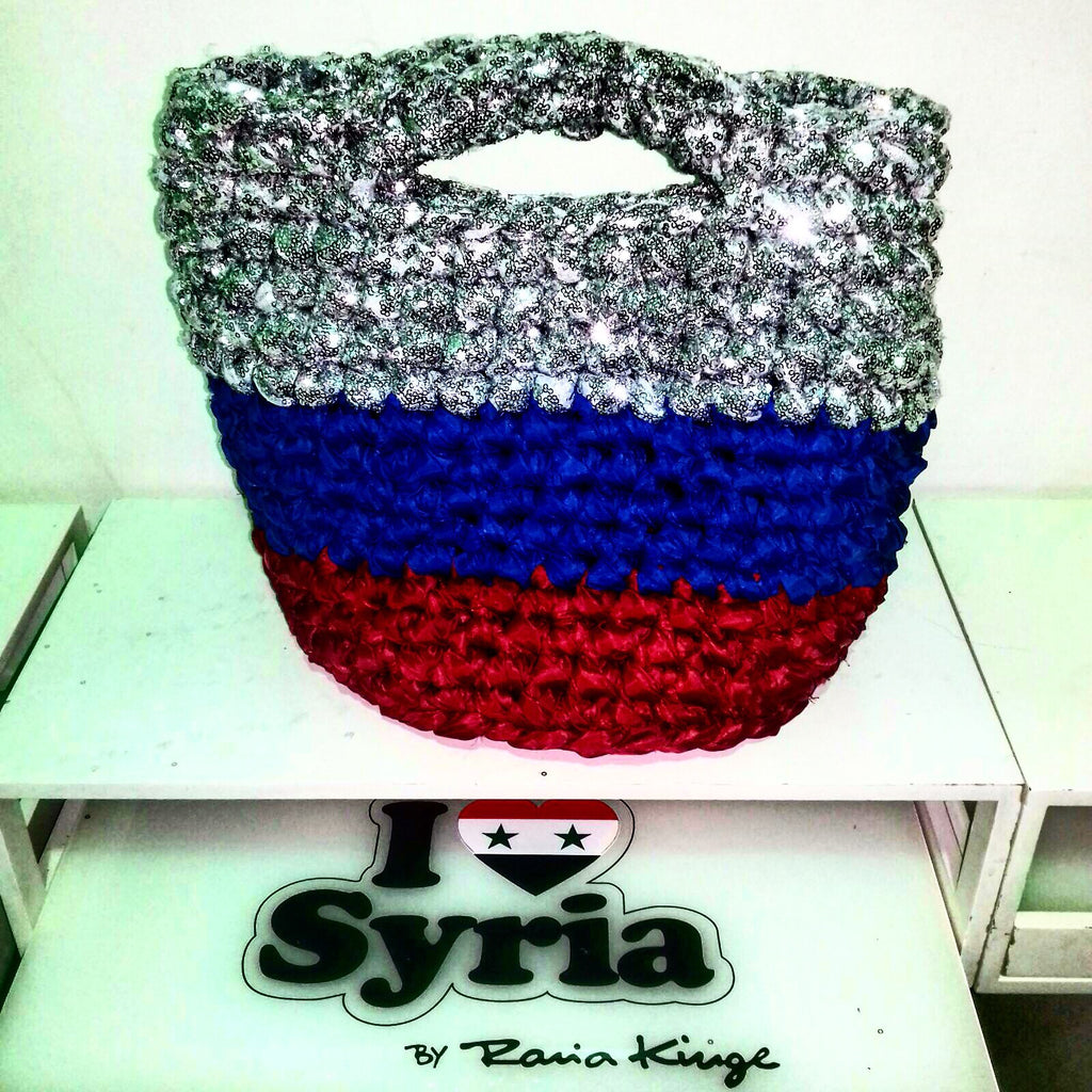 I love Syria, russian flag bag with gliter, made with love by displaced women in Damascus Syria