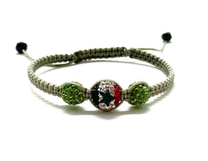 Syrian flag bead, with khaki crystal beads and braided cord