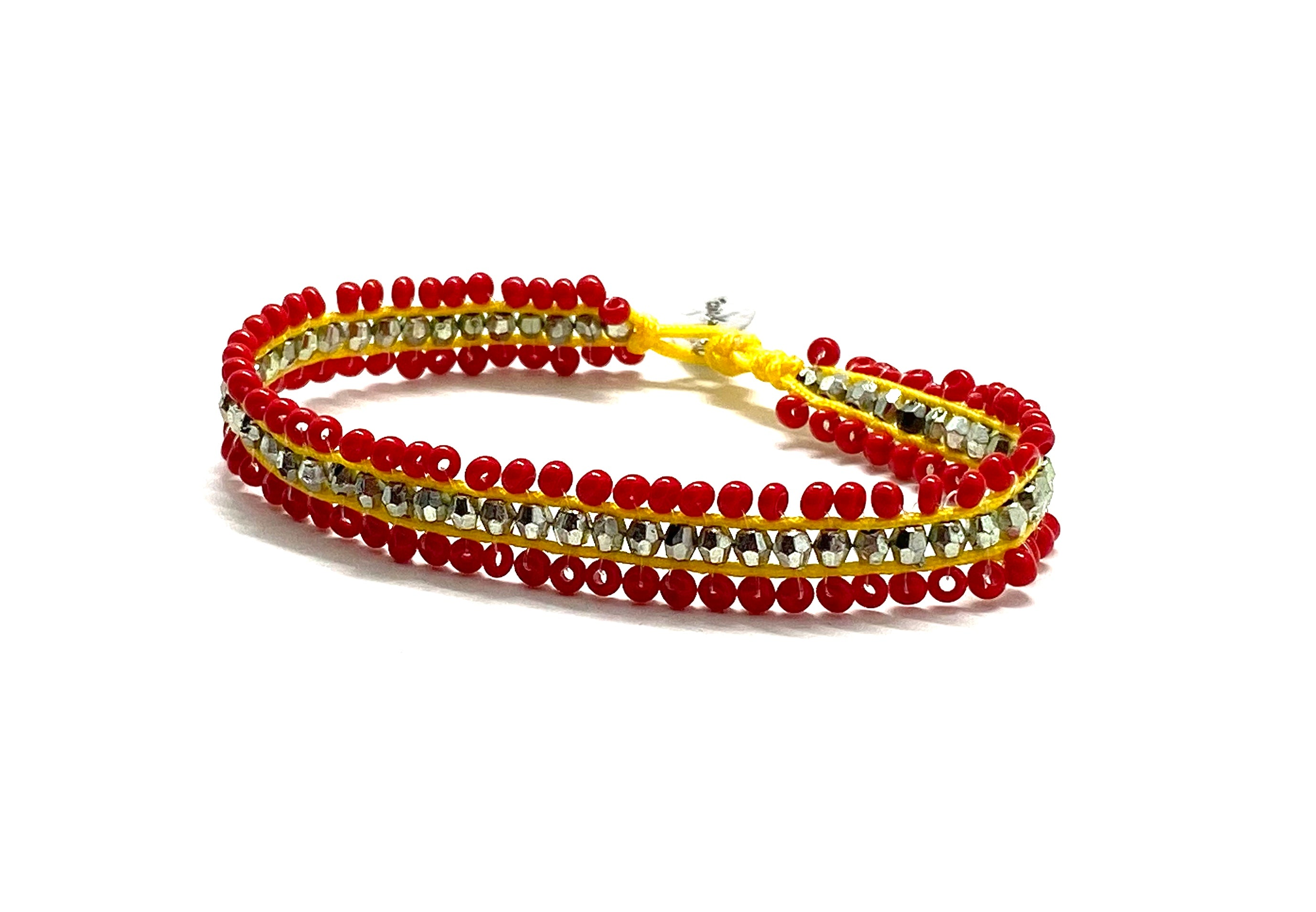 Beaded bracelet, red and light metallic green sequence