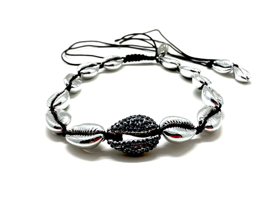 Silver shell necklace, with hematite Swarovski studded central shell and black cord