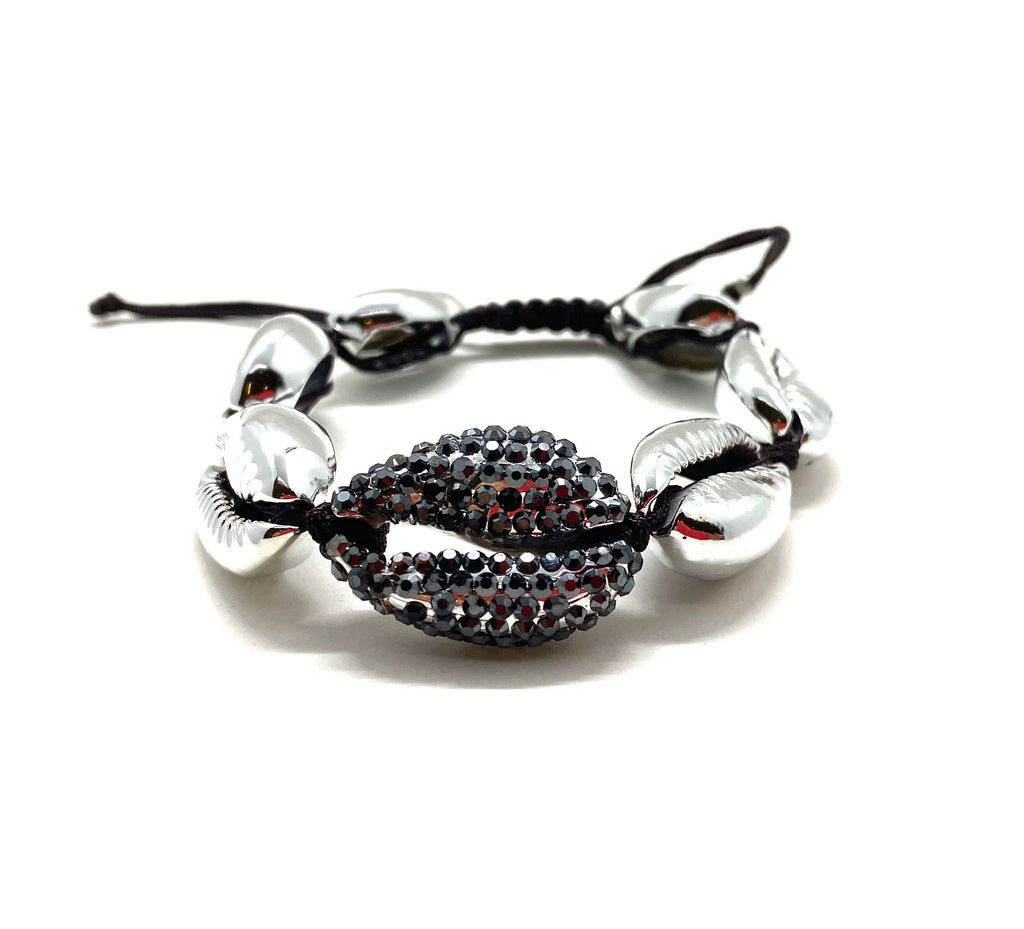 Silver shell bracelet, with hematite Swarovski studded central shell, and black cord