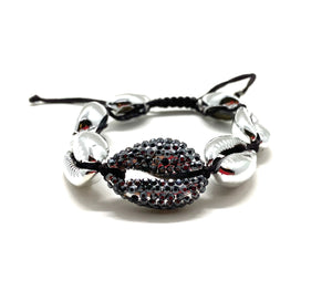 Silver shell bracelet, with hematite Swarovski studded central shell, and black cord