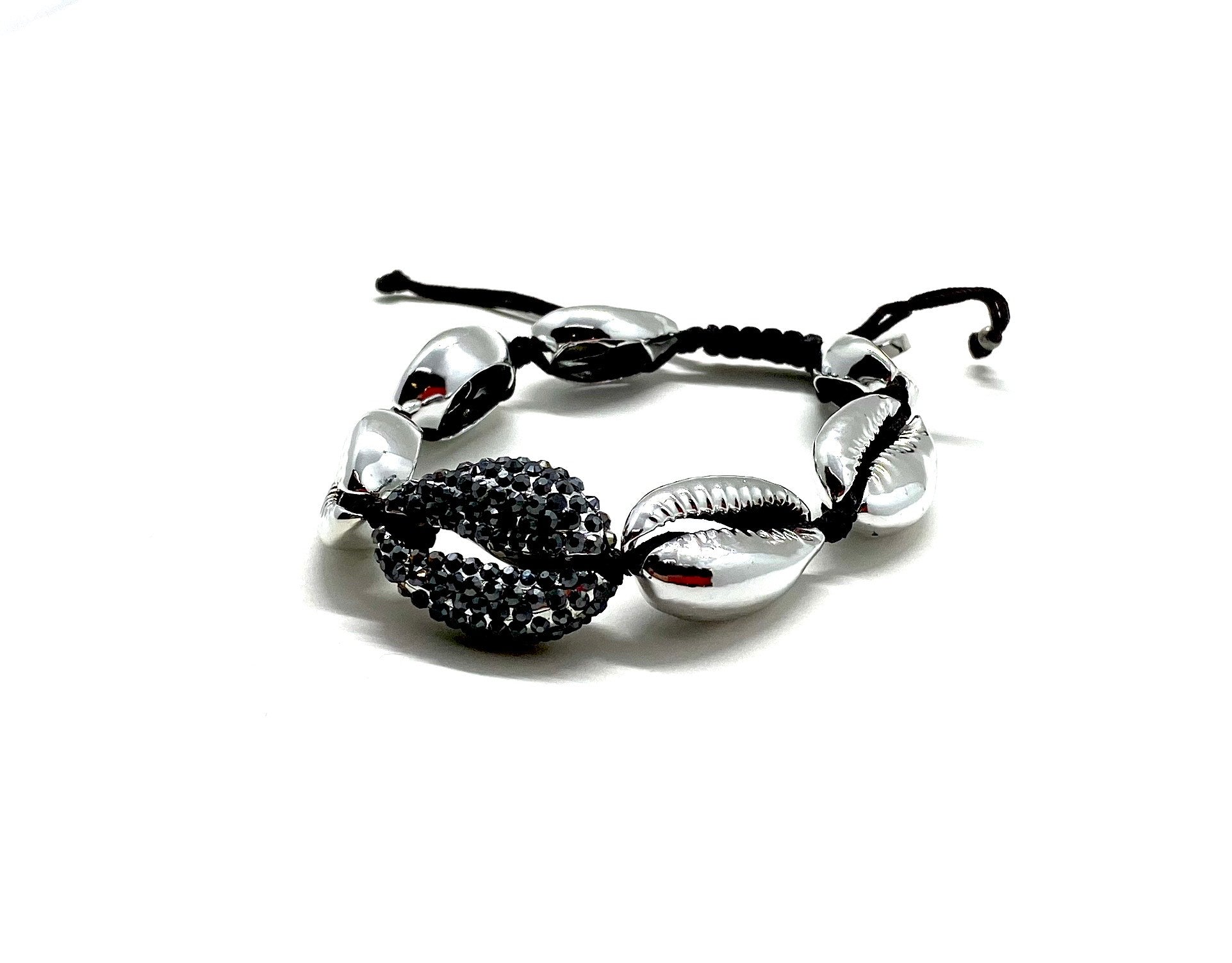 Silver shell bracelet, with hematite Swarovski studded central shell, and black cord