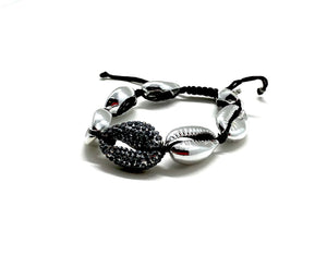 Silver shell bracelet, with hematite Swarovski studded central shell, and black cord