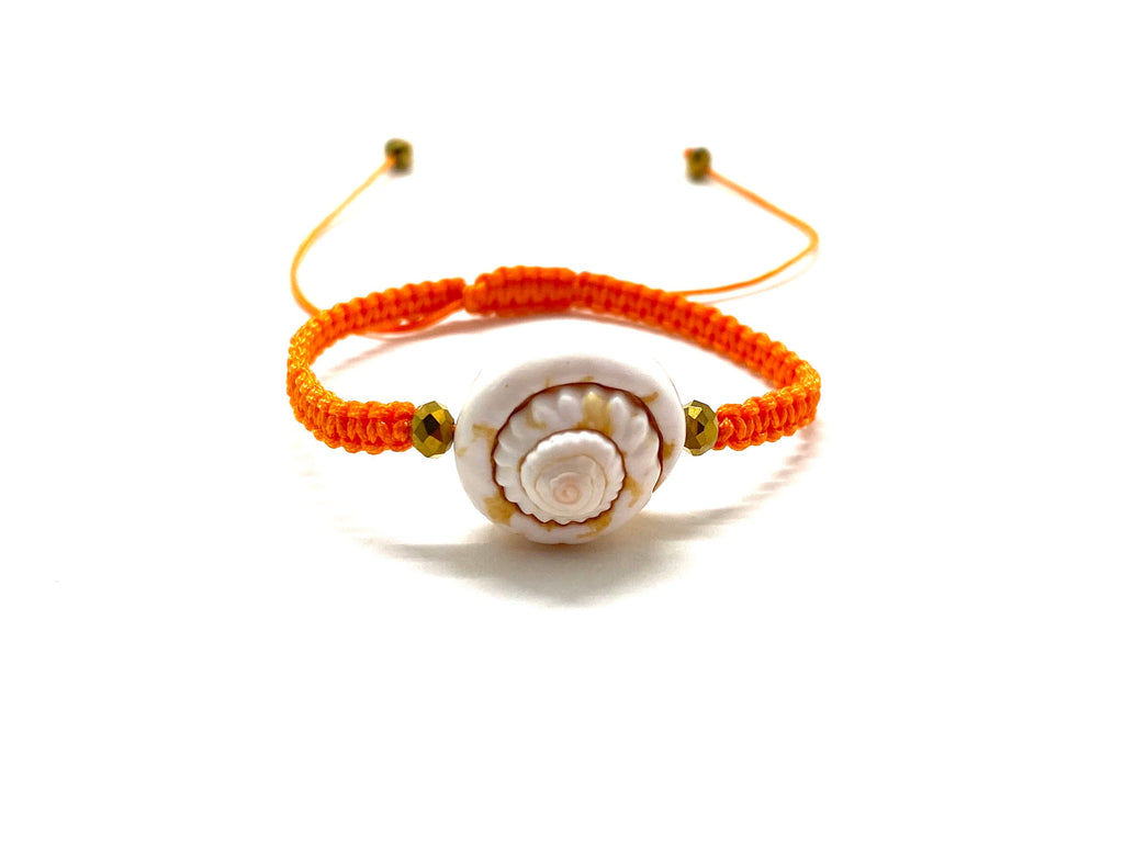 Seashell bracelet, gold Swarovski beads and orange braided cord
