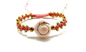 Seashell bracelet gold Swarovski bead, gold toupee and salmon braided cord