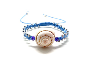 Seashell bracelet purple Swarovski beads silver toupee baby blue cord