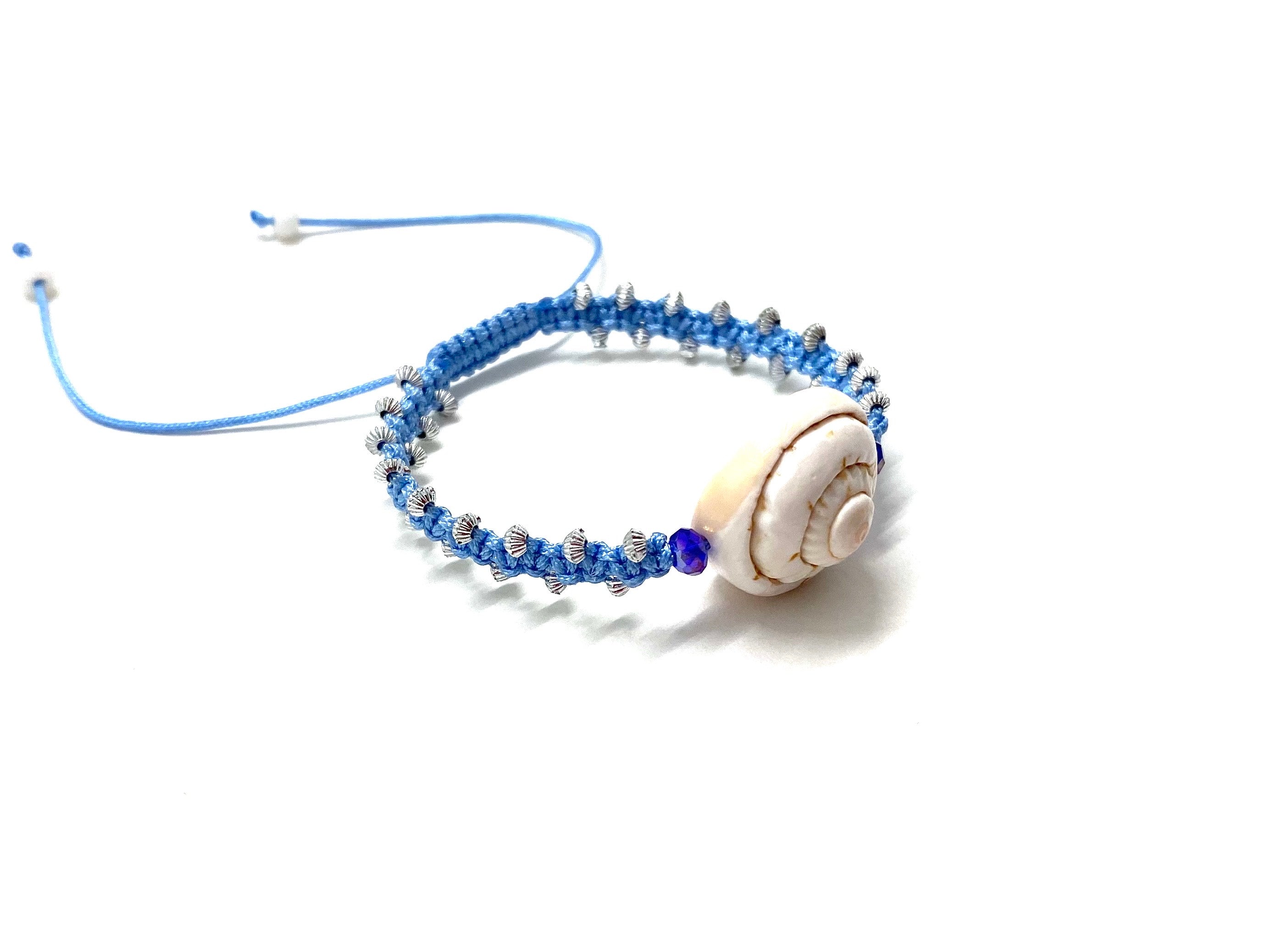 Seashell bracelet purple Swarovski beads silver toupee baby blue cord