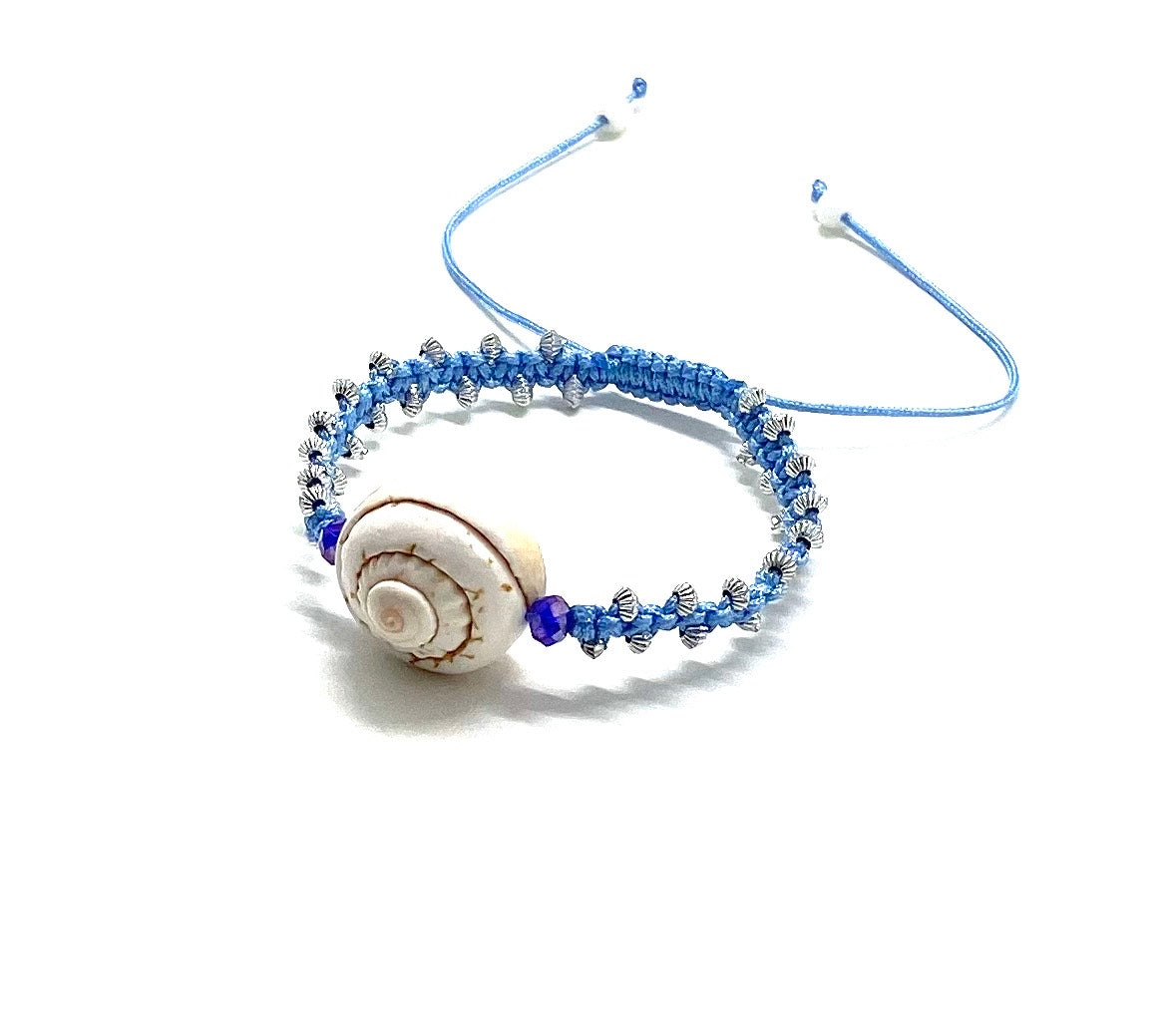 Seashell bracelet purple Swarovski beads silver toupee baby blue cord