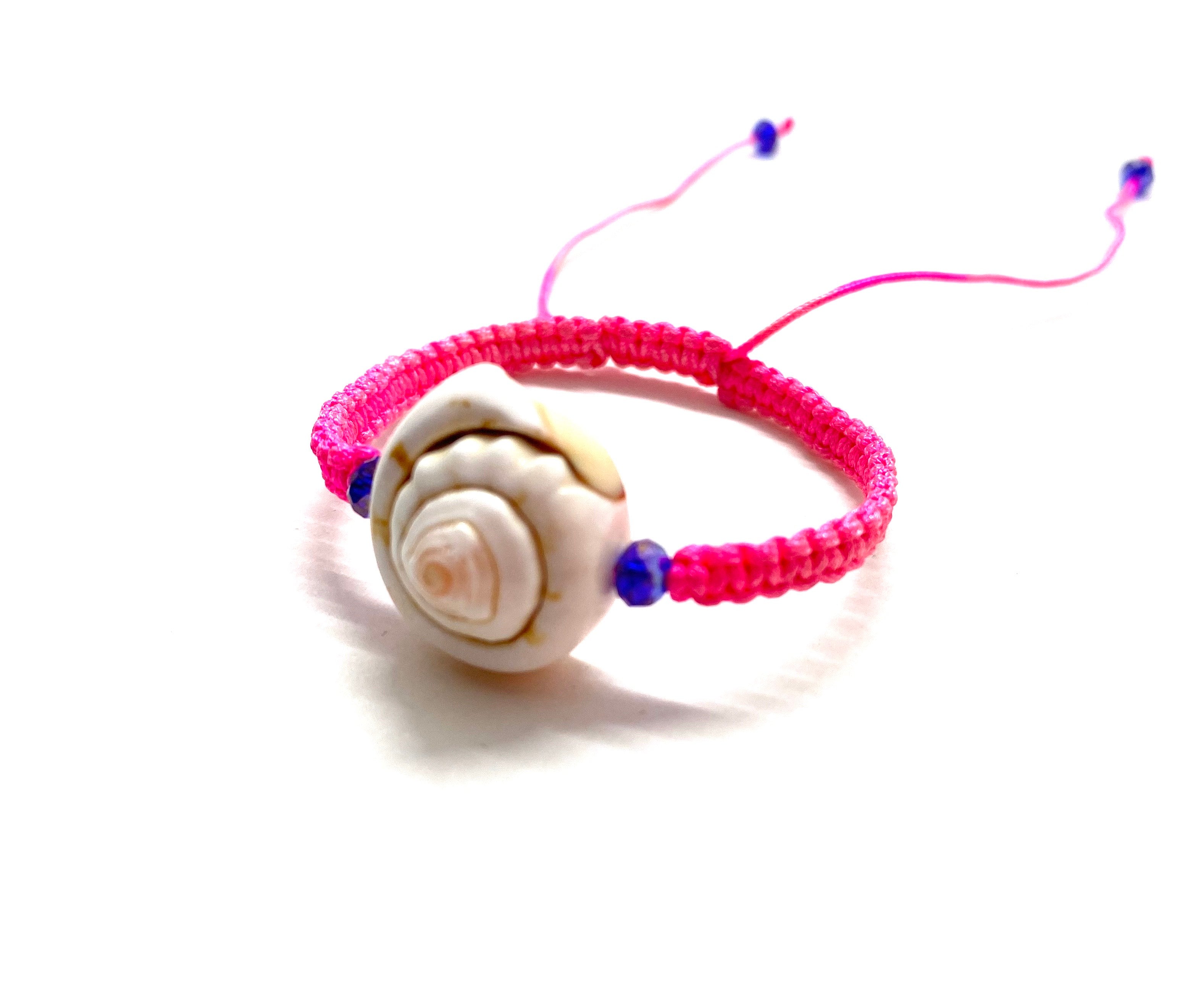 Baby bracelet seashell with purple Swarovski bead and pink fluo braided cord