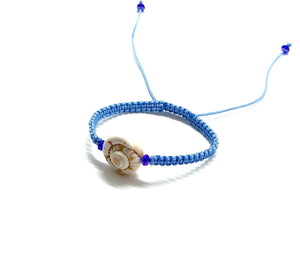 Seashell bracelet, purple Swarovski beads baby blue braided cord