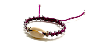 Natural shell bracelet crystal loops and silver toupee beads on prune cord