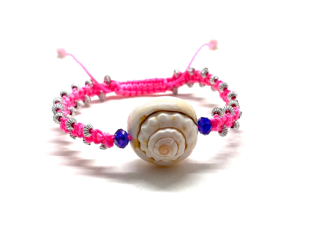 Seashell purple Swarovski beads, silver toupee pink fluo braided cord
