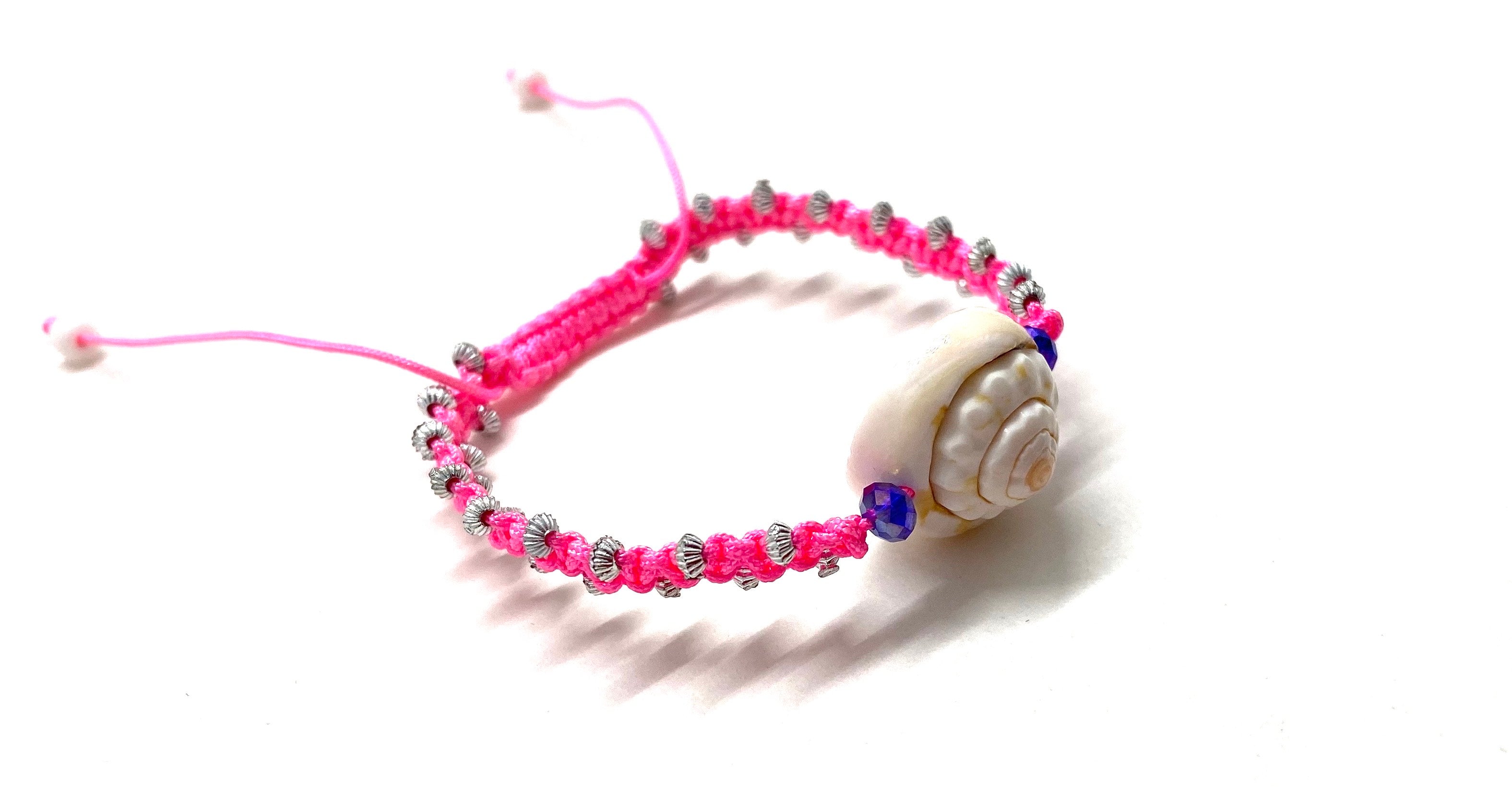 Seashell purple Swarovski beads, silver toupee pink fluo braided cord