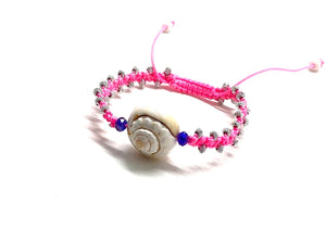 Seashell purple Swarovski beads, silver toupee pink fluo braided cord