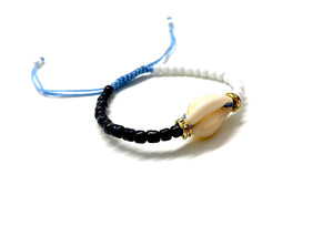 Natural shell bracelet, half white half black beads with crystal loops