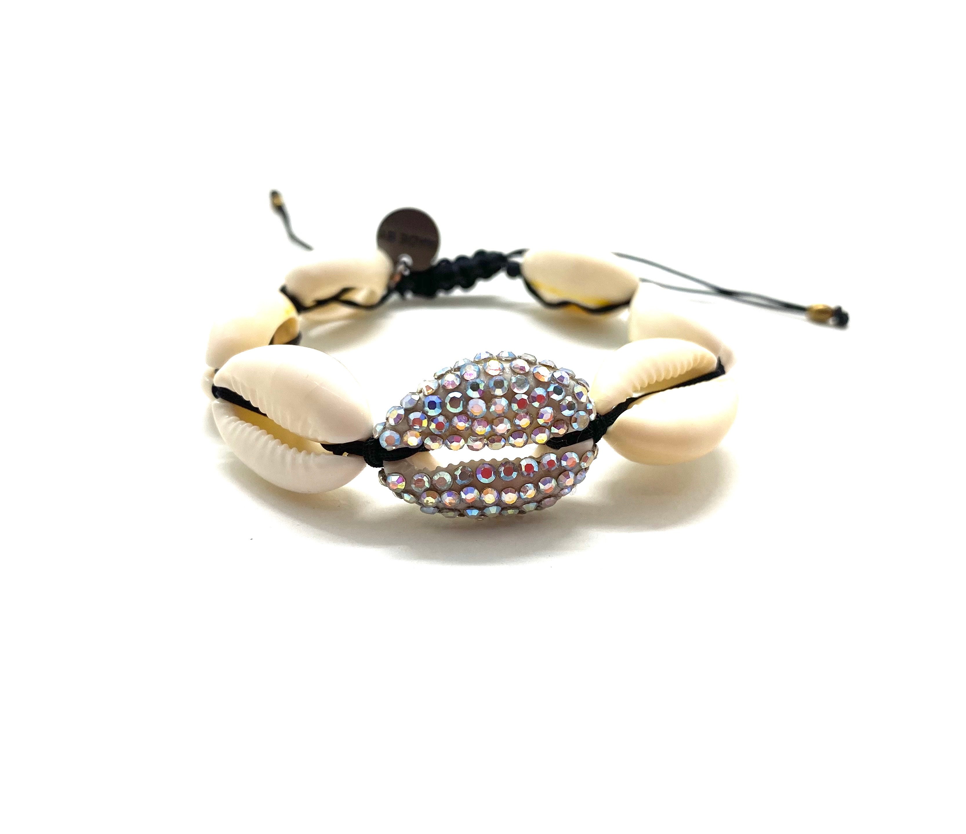 Natural shell bracelet, with Swarovski studded central shell, black cord