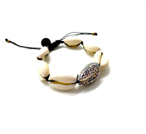 Natural shell bracelet, with Swarovski studded central shell, black cord