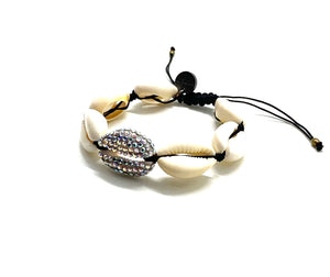 Natural shell bracelet, with Swarovski studded central shell, black cord