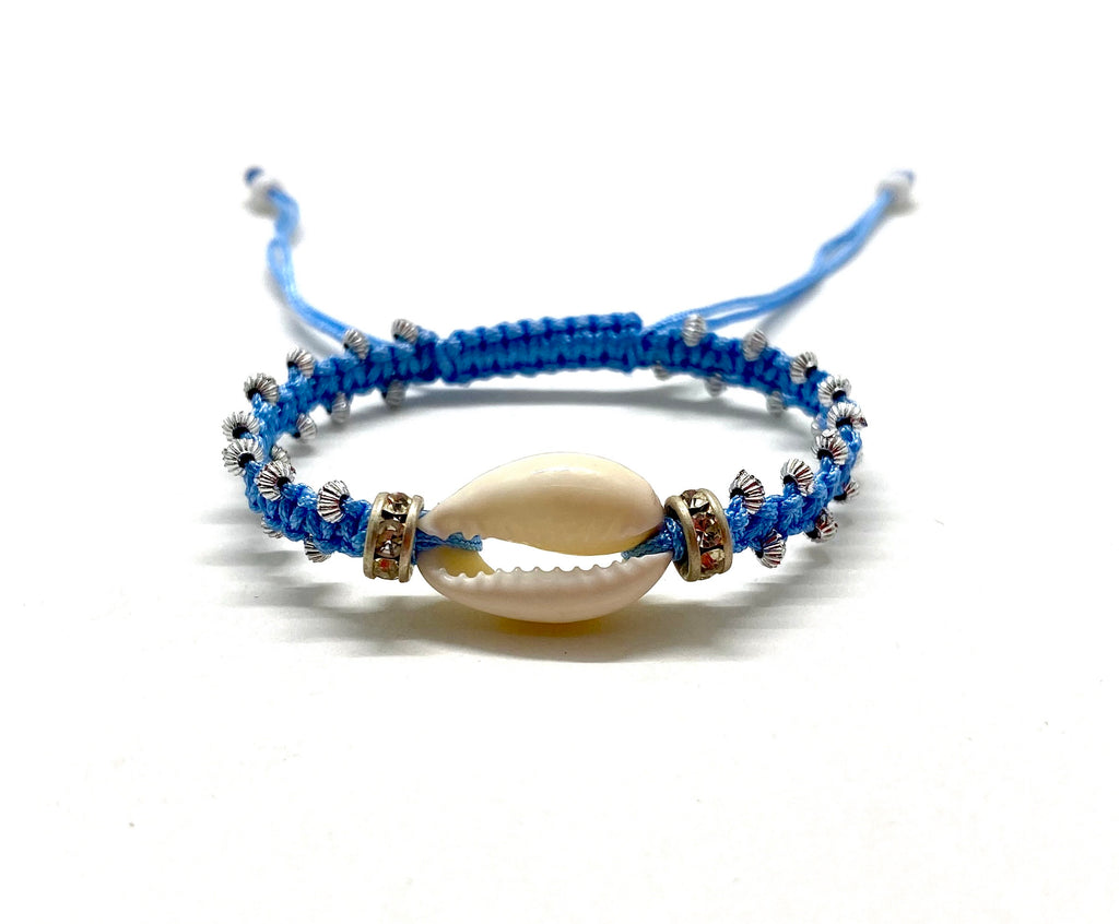 Natural shell bracelet, baby blue cord and gold toupee