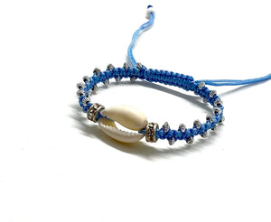 Natural shell bracelet, baby blue cord and gold toupee