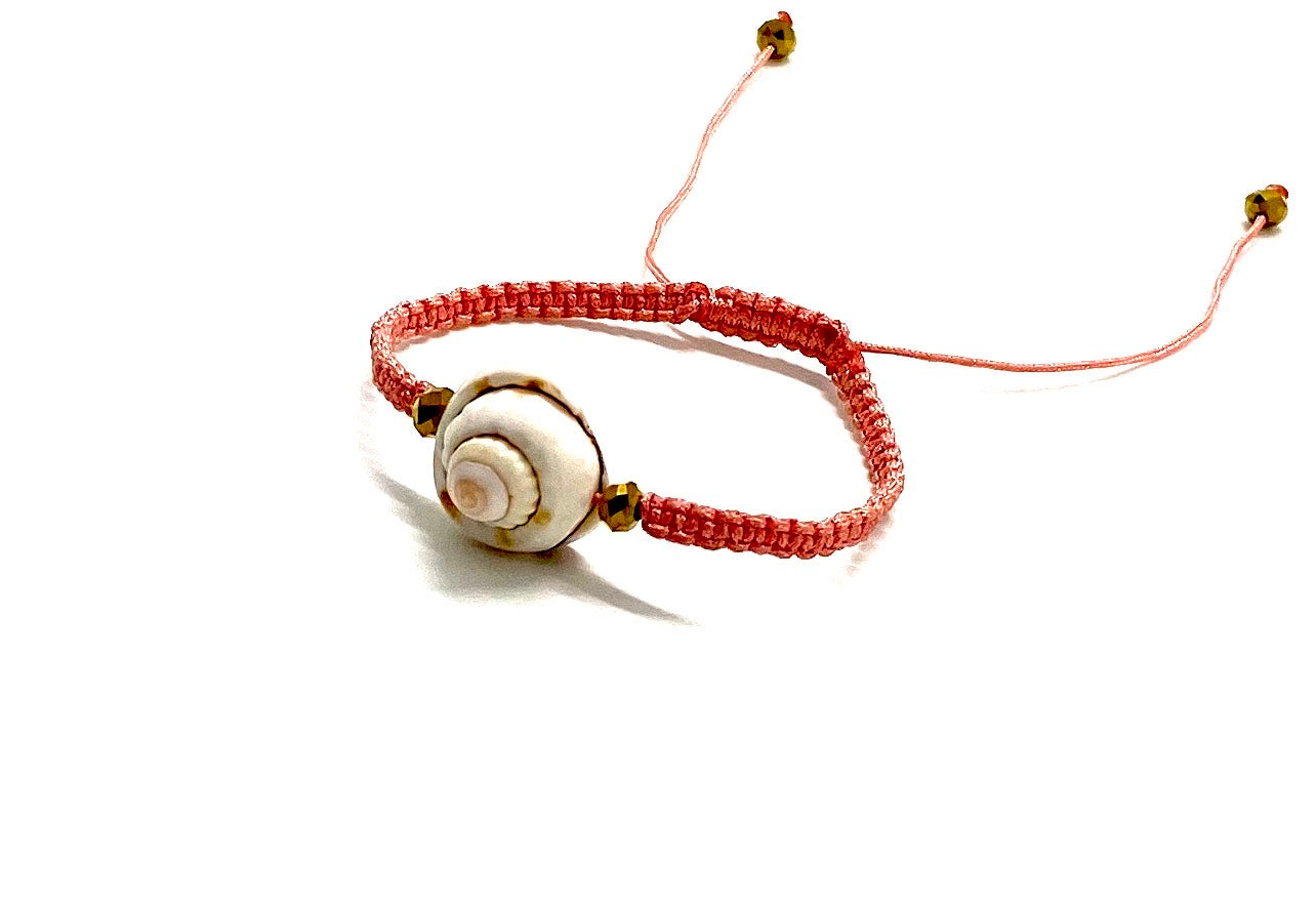 Sea shell bracelet with gold Swarovski bead and salmon cord