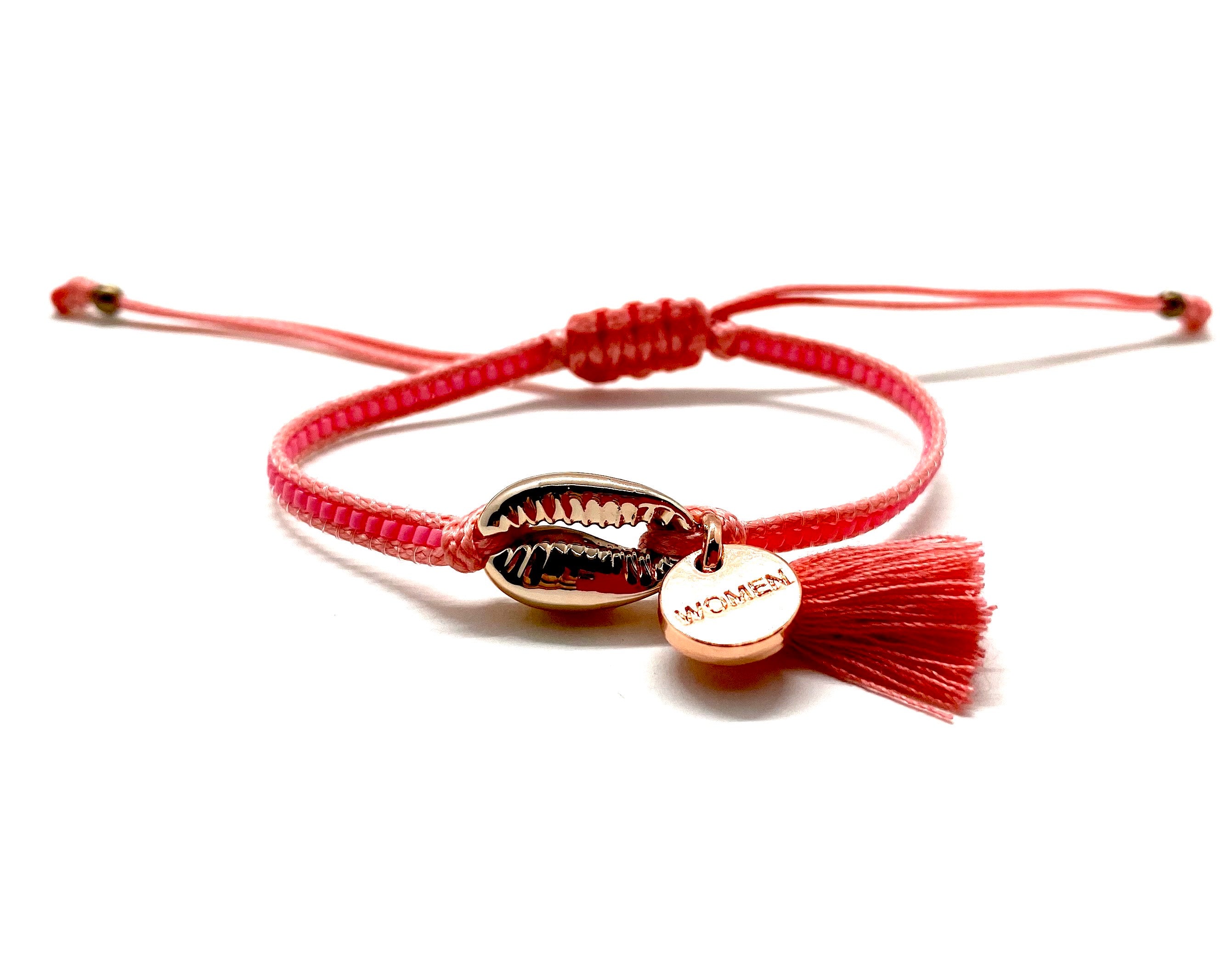 Rose gold shell bracelet with salmon Miyuki beads, cord and tassel