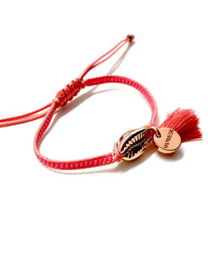 Rose gold shell bracelet with salmon Miyuki beads, cord and tassel