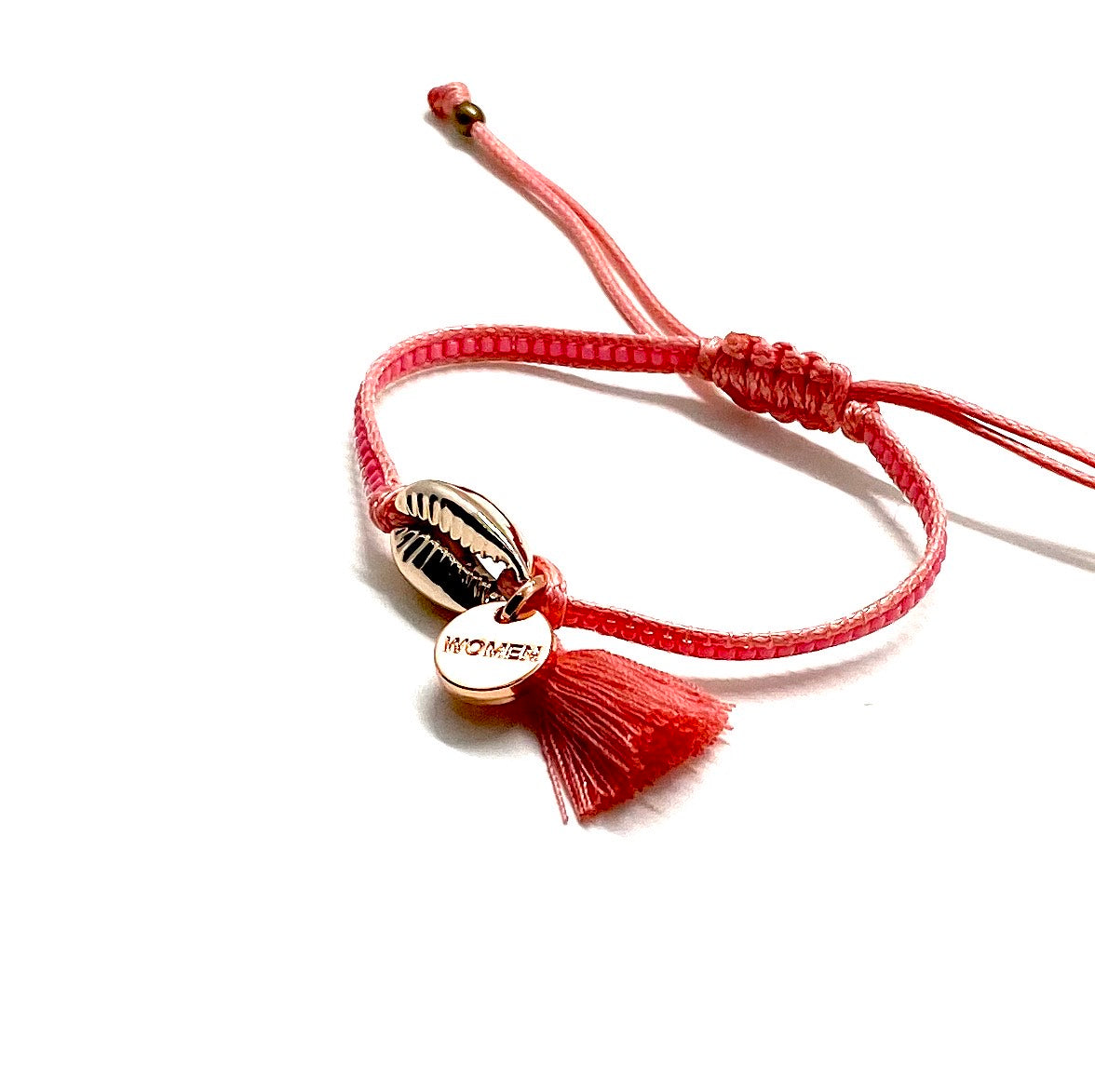 Rose gold shell bracelet with salmon Miyuki beads, cord and tassel