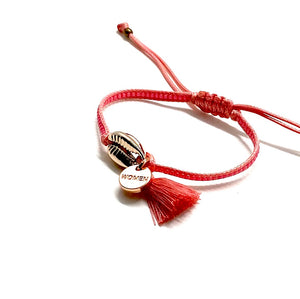 Rose gold shell bracelet with salmon Miyuki beads, cord and tassel