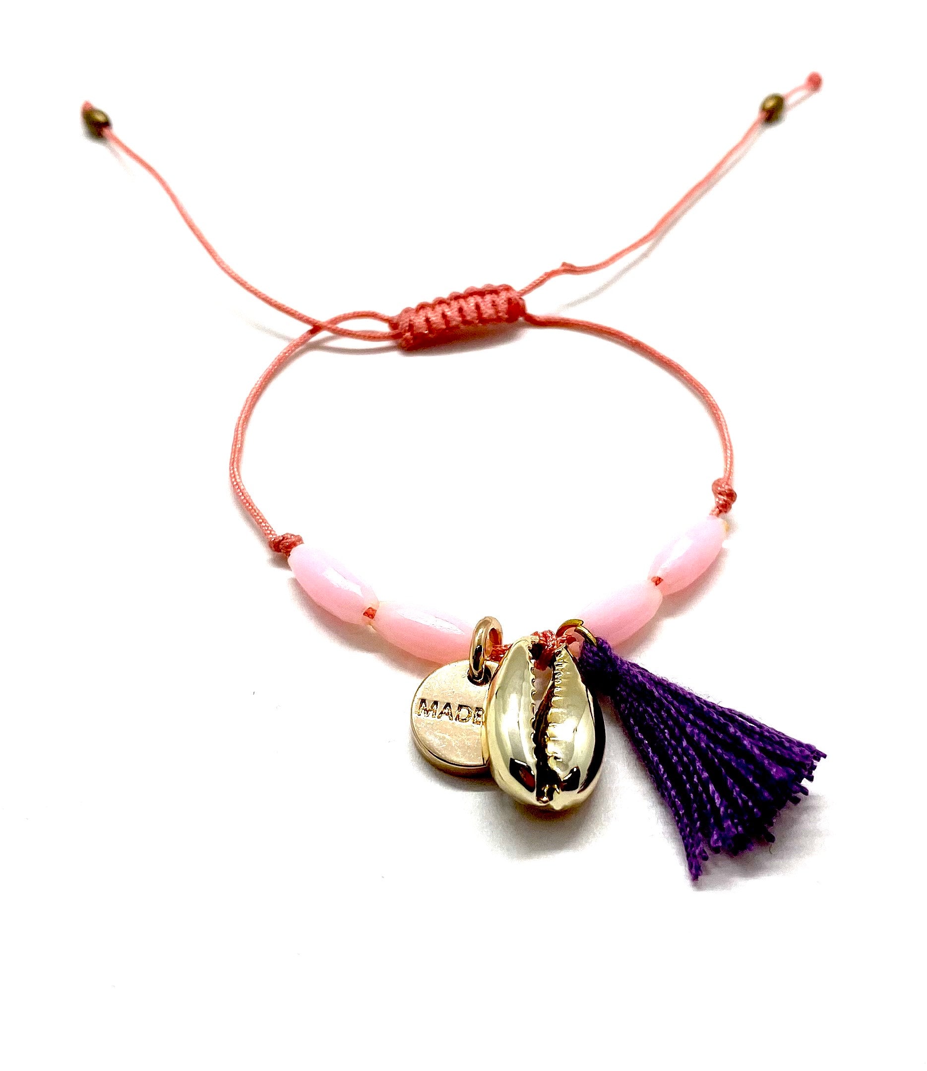 Gold shell pendant, salmon cord bracelet