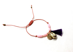 Gold shell pendant, salmon cord bracelet