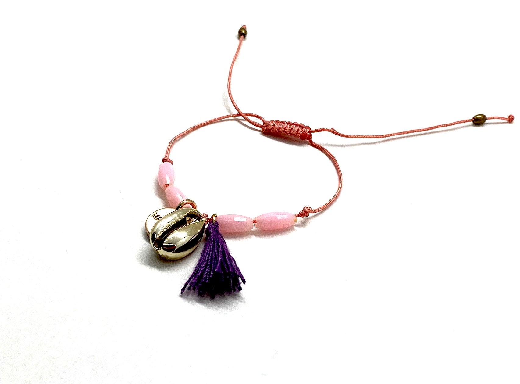 Gold shell pendant, salmon cord bracelet