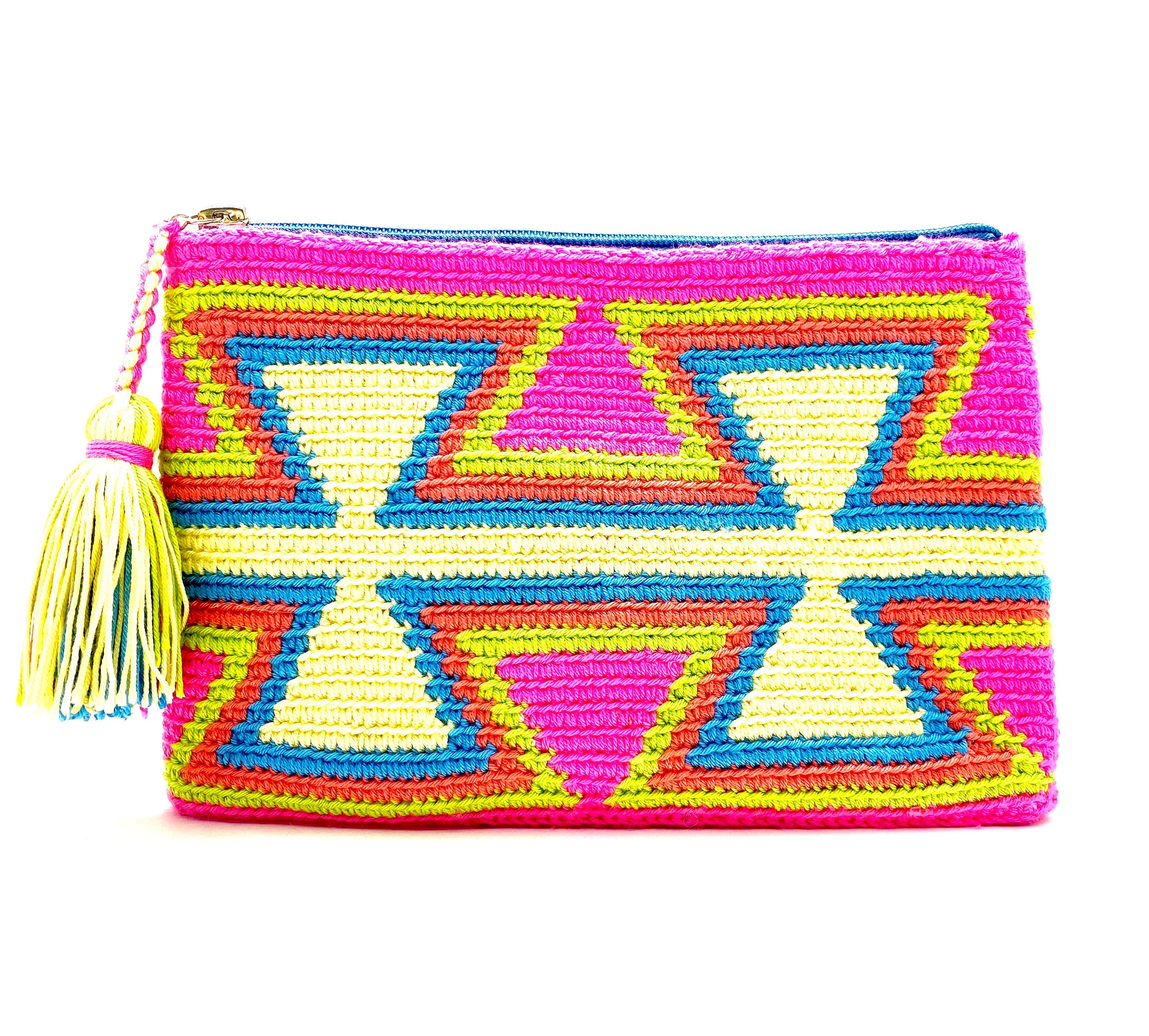 Fluo fuchsia body clutch, with inverted open yellow triangles and a tassel