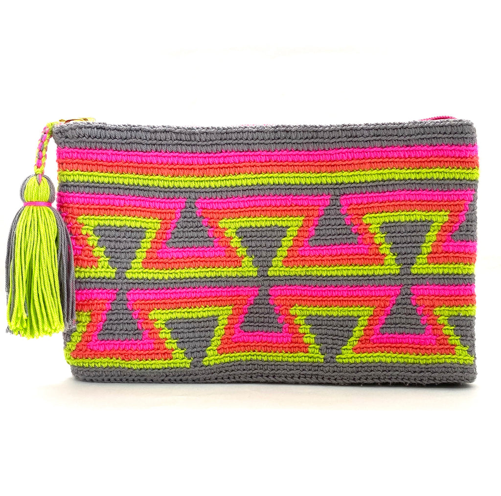 Clutch with grey body, grey inverted triangles, fluo pink, orange, and tassel.