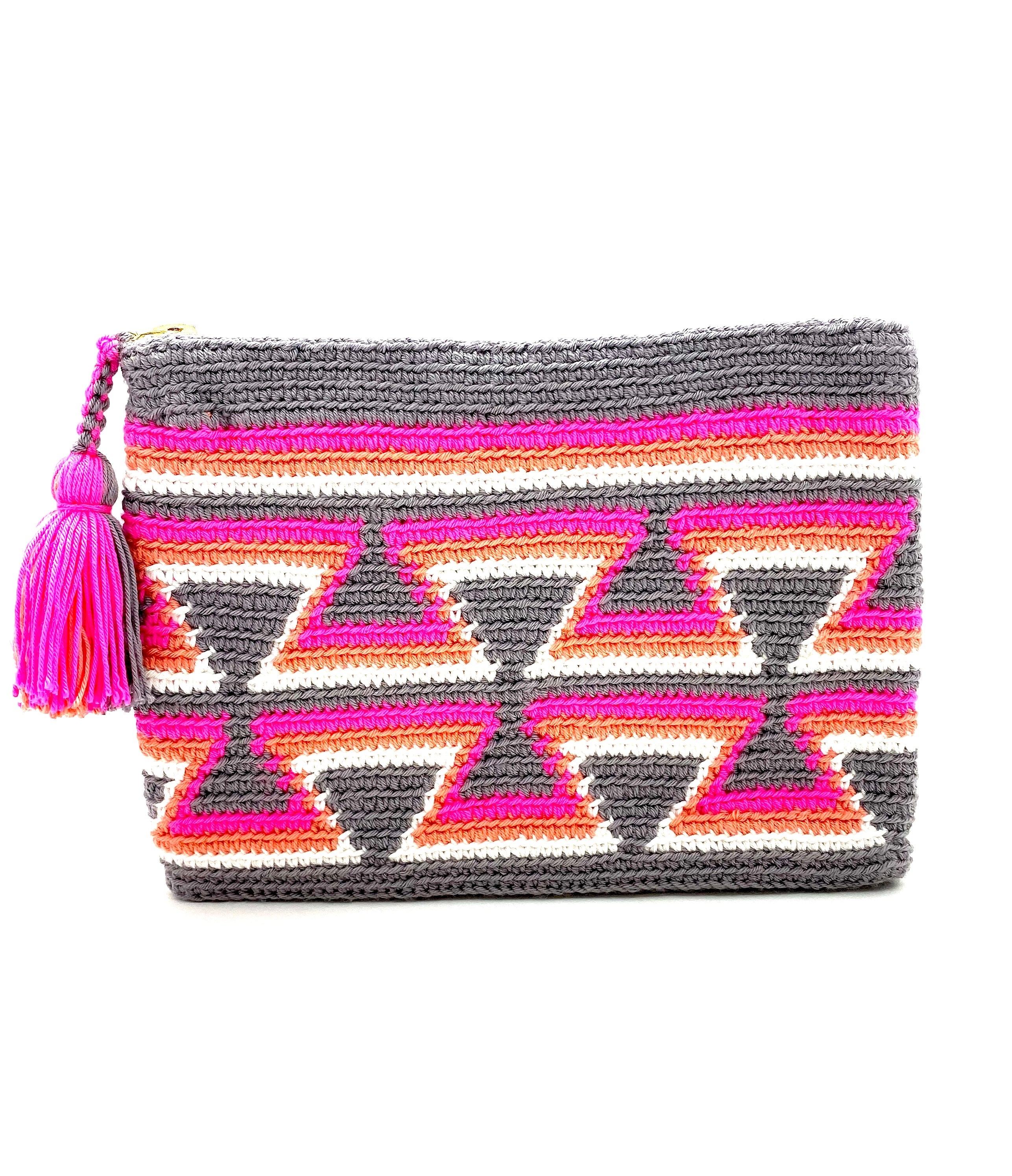 Grey body, fluo fucshia inverted triangles, orange, with white sequence, and tassel.
