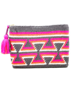 Grey body, fluo fucshia inverted triangles, orange, with white sequence, and tassel.