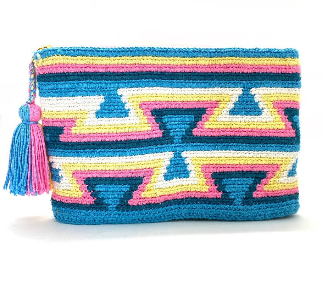 Clutch sky blue body, blue inverted triangles, navy blue, pink, yellow, white, and tassel.