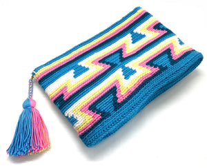 Clutch sky blue body, blue inverted triangles, navy blue, pink, yellow, white, and tassel.