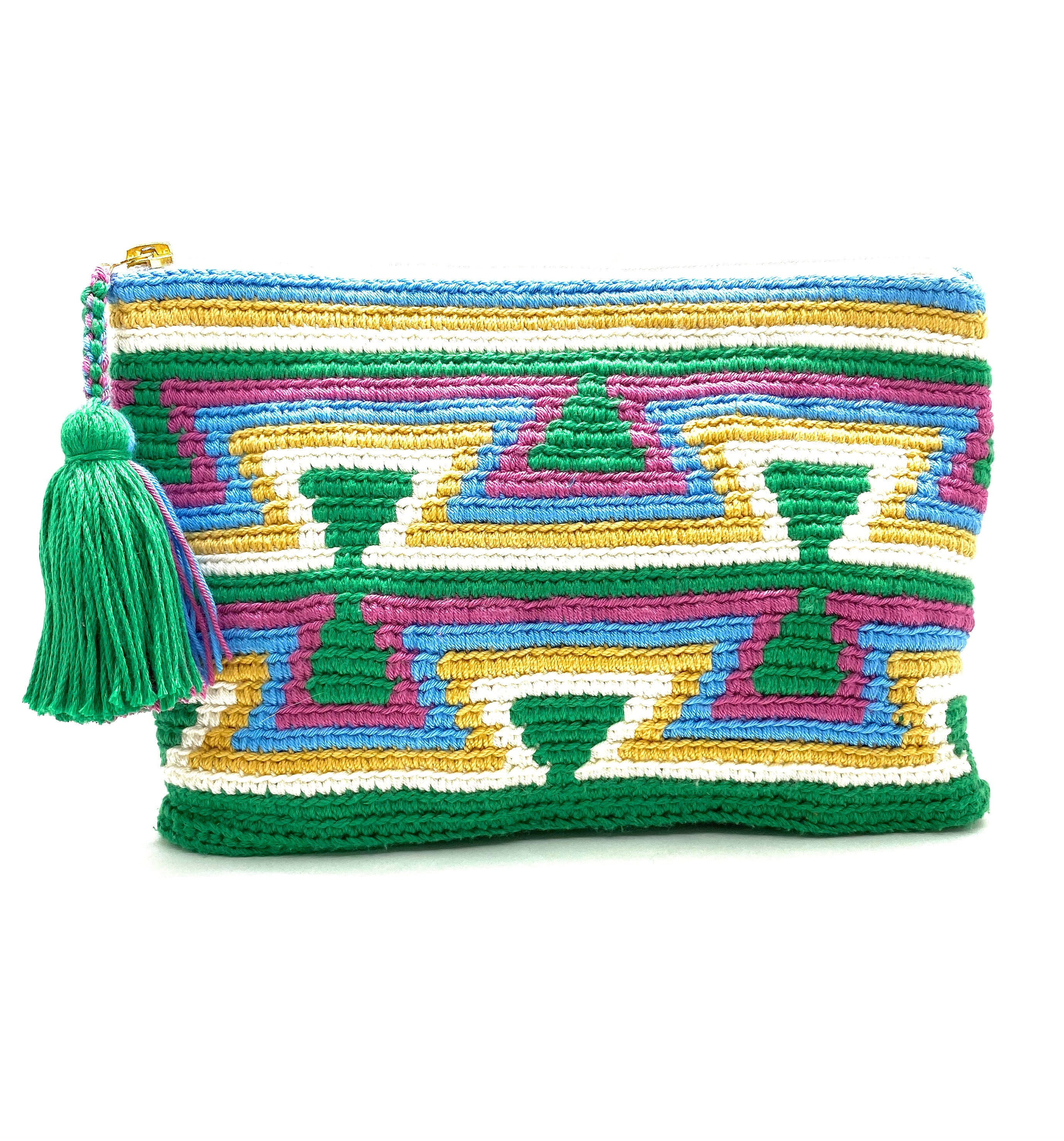 Green body clutch, green inverted triangles, white, yellow, blue, purple sequence, and tassel.