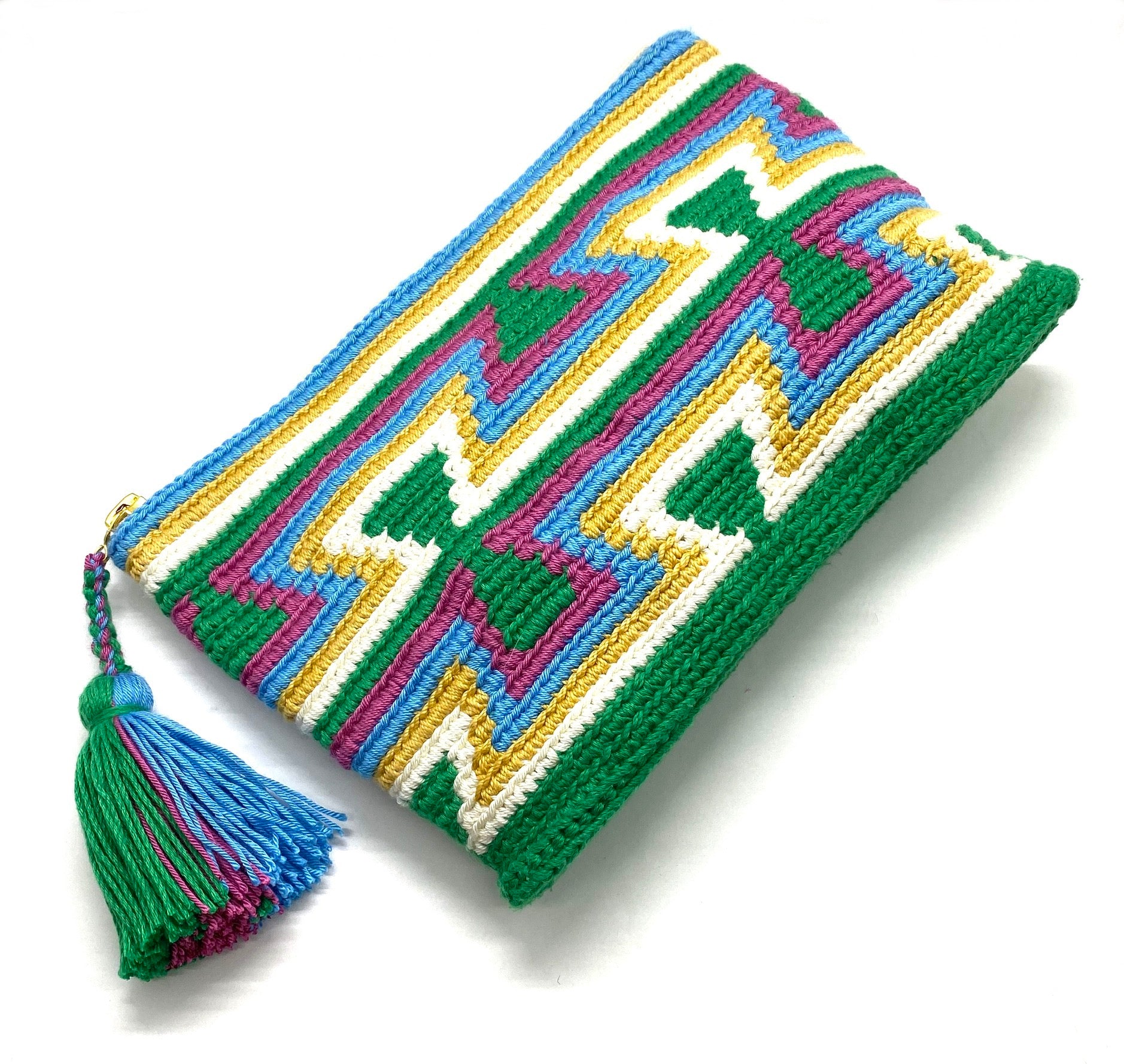 Green body clutch, green inverted triangles, white, yellow, blue, purple sequence, and tassel.