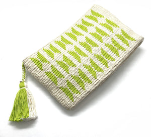 Clutch, off white body, coloured butterfly with matching tassel