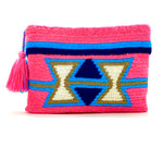 fluo coral body clutch, inverted off white triangles,  blue sequence, with tassel