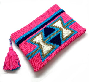 fluo coral body clutch, inverted off white triangles,  blue sequence, with tassel