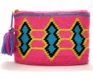 Fluo body clutch, blue, black, and fluo yellow standing diamond and tassel.